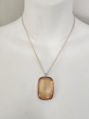 Vtg Baked Beads Silver Tone Pendant Necklace with Peach Center Stone